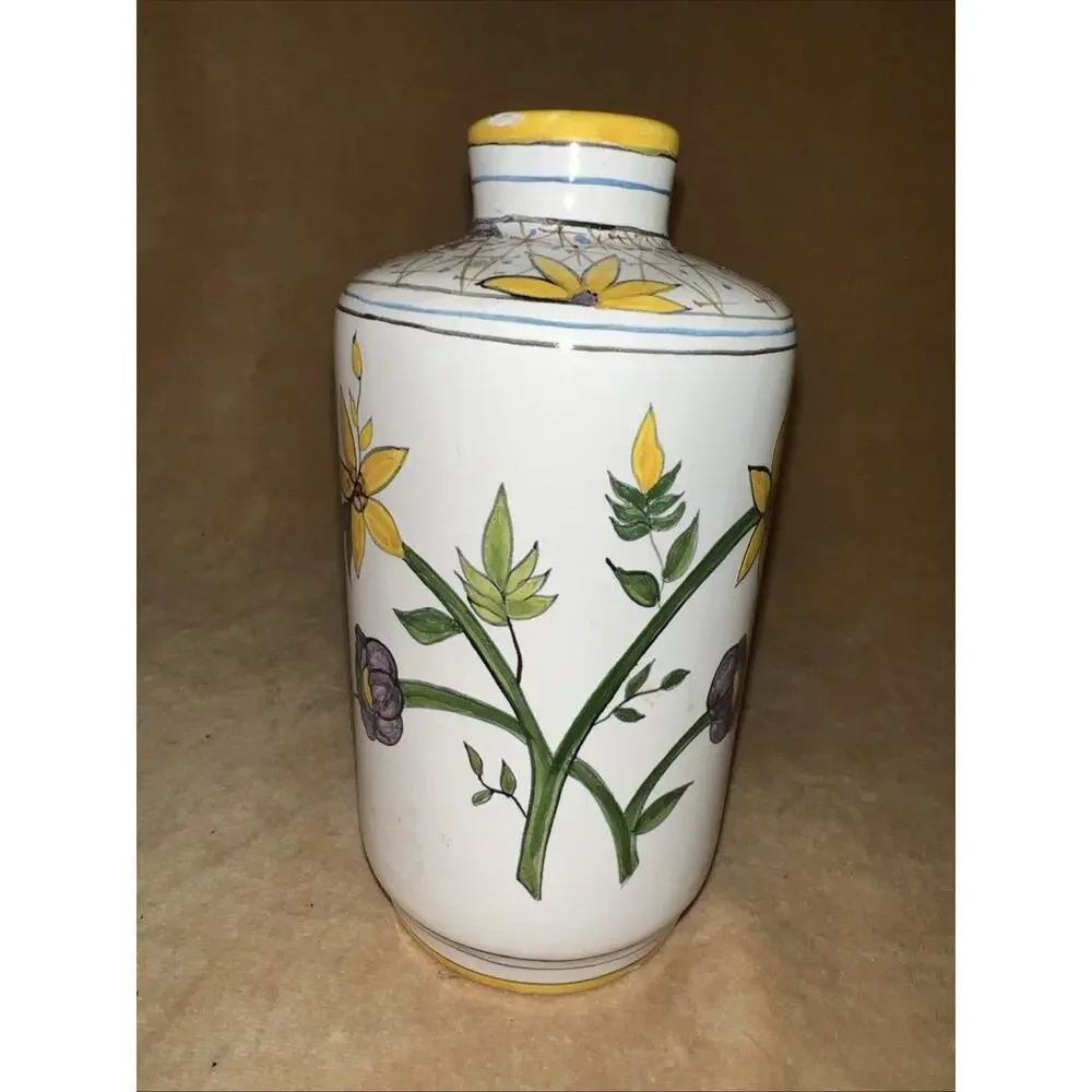 Vintage 1987 HS‎ Ceramica Hand Painted Brazil Floral Bud Vase Yellow Purple 6.5